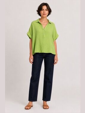 NUTMEG 100% Cotton Textured Gauze Henley Boxy Short Sleeve Collared Blouse Sz 16